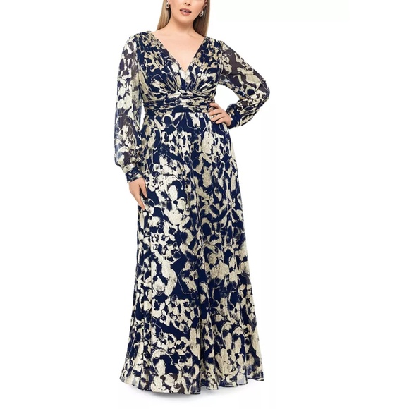 Betsy & Adam - Plus Size Foil Printed Mesh Gown - Picture 1 of 13